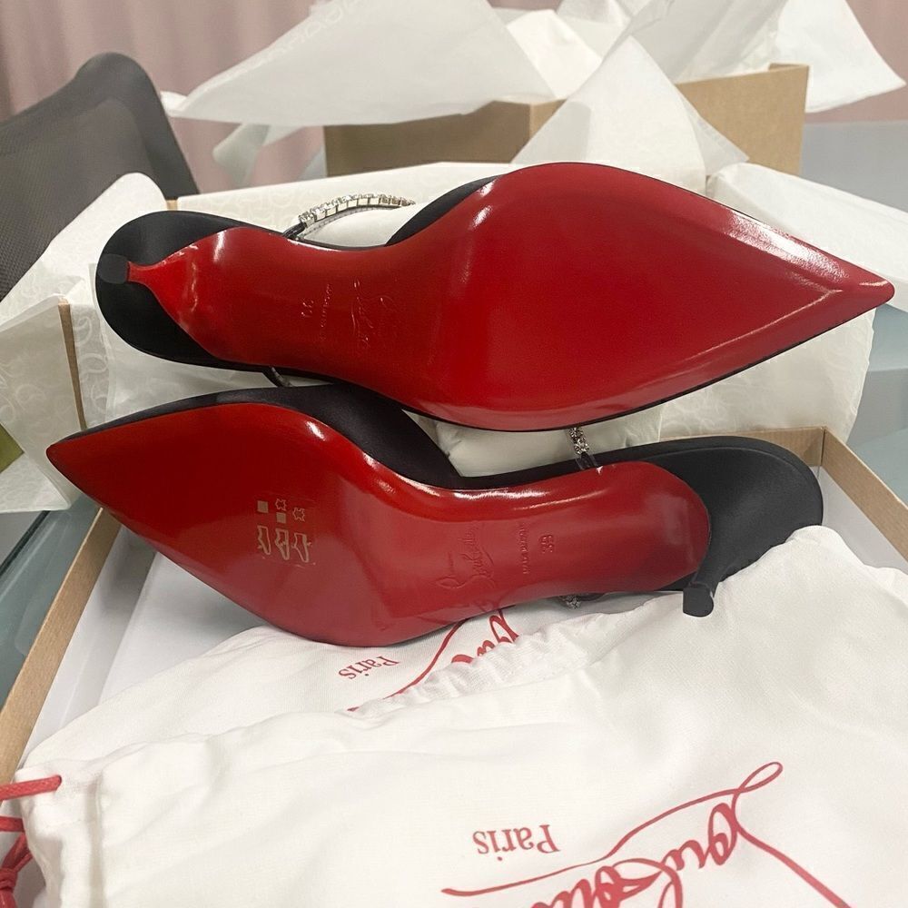 Christian Louboutin Planet Queen Crystal Embellished Satin Mule Pumps Black 39 - Picture 11 of 11